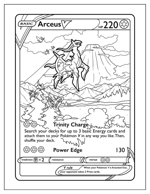 Die Pokémon-Karte zeigt Arceus und die Attacke Trinity Charge.