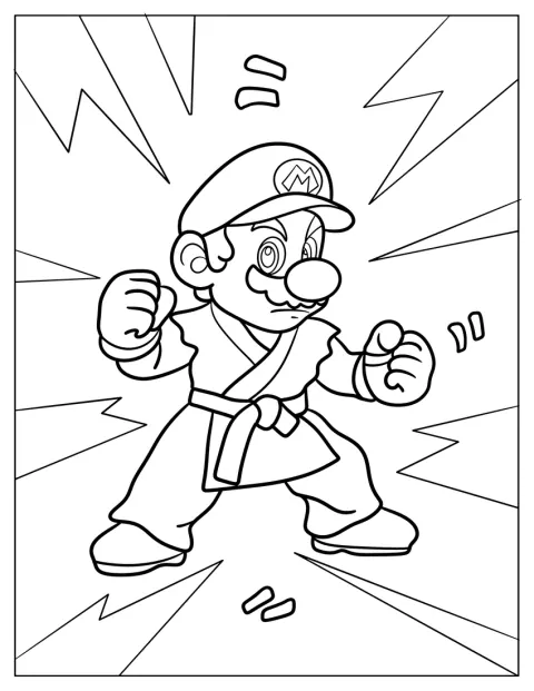 Super Mario draagt een karatepak en neemt een vechthouding aan.