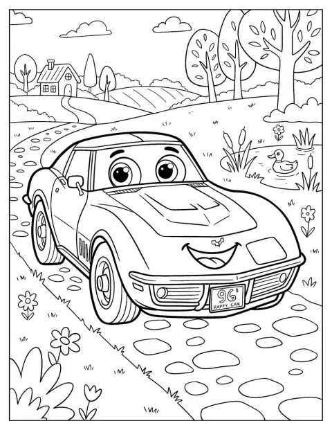 Un Corvette de desene animate zâmbește, cu farurile și roțile conturate.