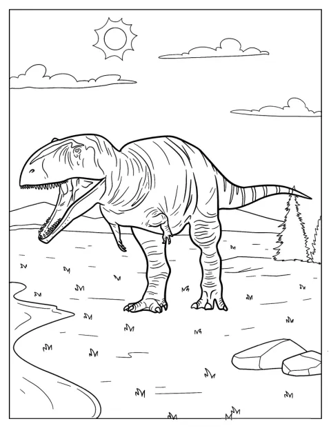 En Gigantosaurus vandrer mellom trærne i skogen.