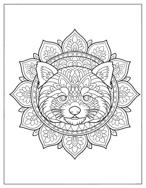 Un panda rojo aparece rodeado de motivos florales en un diseño de mandala.