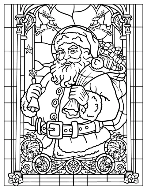 Santa Claus with Gifts and Reindeer Stained Glass