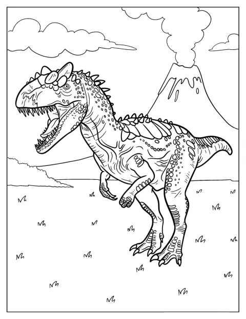 Ein schuppiger Allosaurus rennt, während im Hintergrund ein Vulkan aufragt.