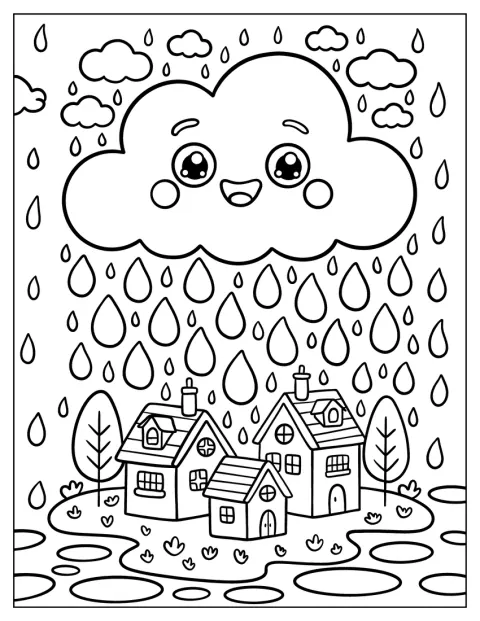 Una nube sonriente flota sobre casitas, charcos y plantas.