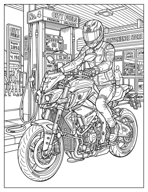 Um motociclista está junto à sua moto numa estação de serviço.