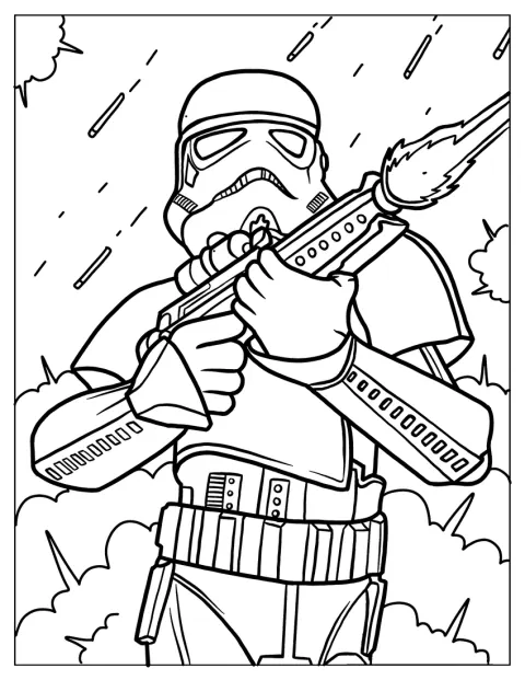 Stormtrooper míří a střílí z blasteru.