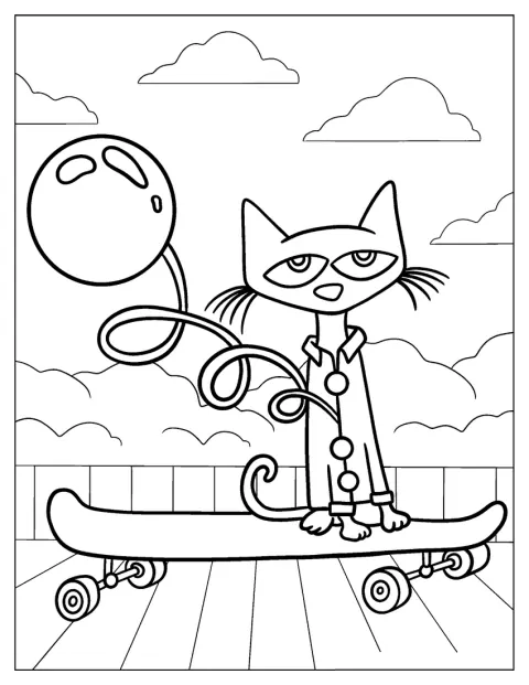 Pete the Cat gördeszkázik, miközben egy lufit tart a kezében.