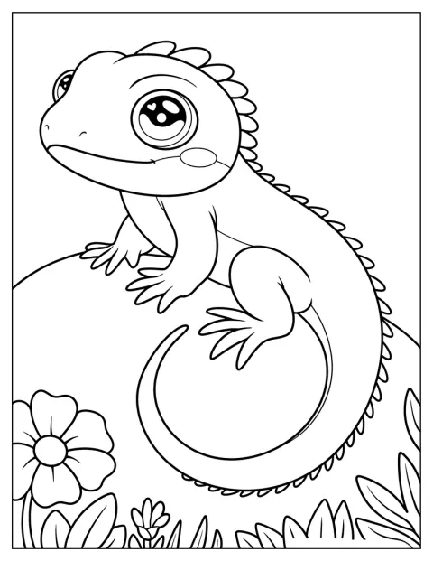 Un lagarto se posa sobre una roca rodeada de flores en la selva.