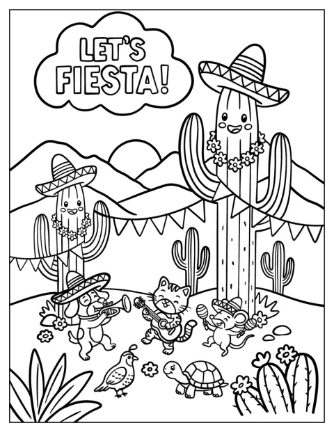 Animais do deserto formam uma banda festiva junto a um cato.