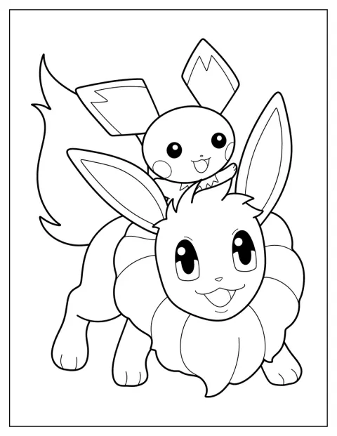 Pichu sitter på ryggen til Eevee.