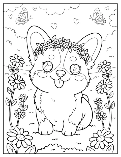En corgi med blomsterkrans sitter i en hage omgitt av sommerfugler.