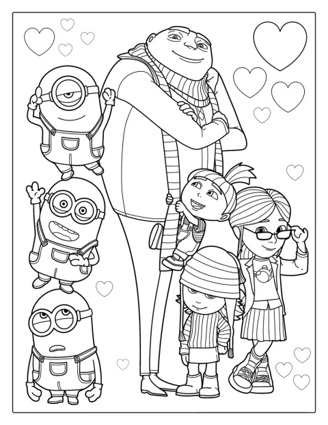 Gru è in compagnia dei Minion e delle ragazze che ha adottato.