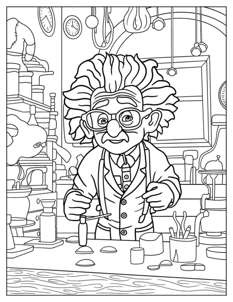 Albert Einstein manipule du matériel pour réaliser une expérience dans son laboratoire.