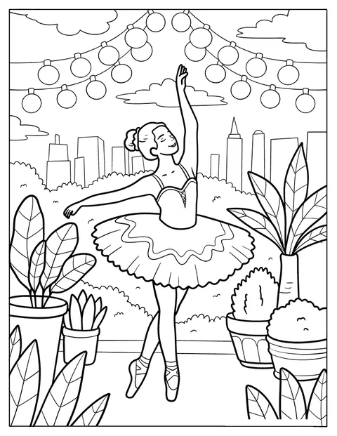 Una bailarina pasea por un jardín urbano con farolillos y edificios al fondo.