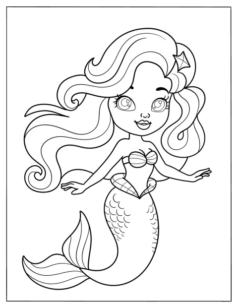 大きな目のチビ人魚が、長い髪をなびかせています。