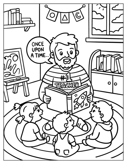 Un profesor lee un cuento de hadas a varios niños.