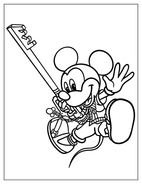 Com uma Keyblade nas mãos, Mickey Mouse posa numa cena de Kingdom Hearts.