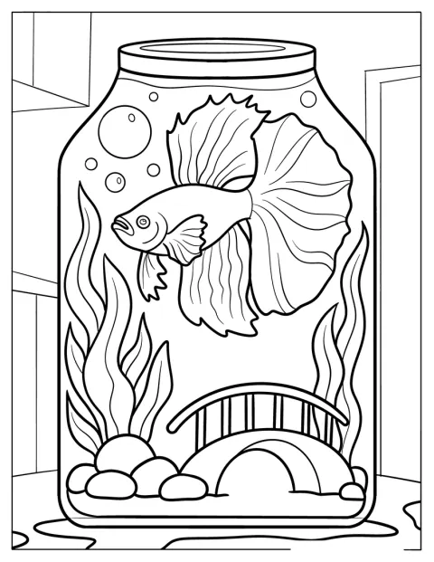 Un poisson combattant nage dans un bocal avec des plantes et des galets.