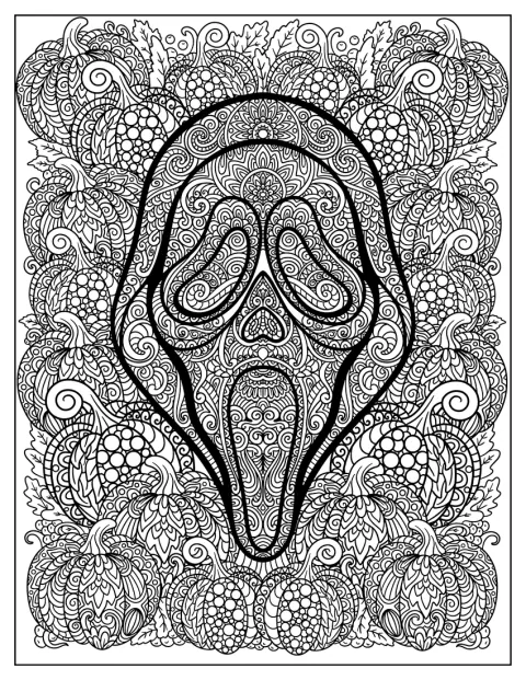 Intricate Ghost Face Mandala with Pumpkins