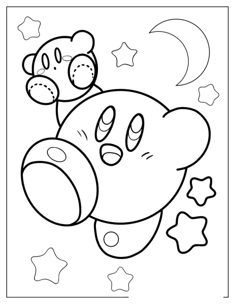Kirby salta in aria con un'espressione allegra.