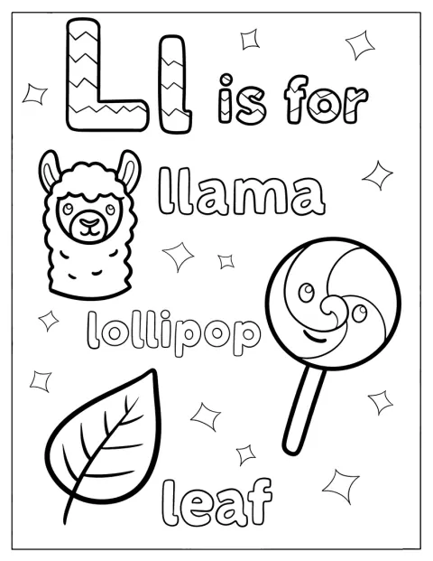 Letter L Coloring Page is for Llama, Lollipop, and Leaf