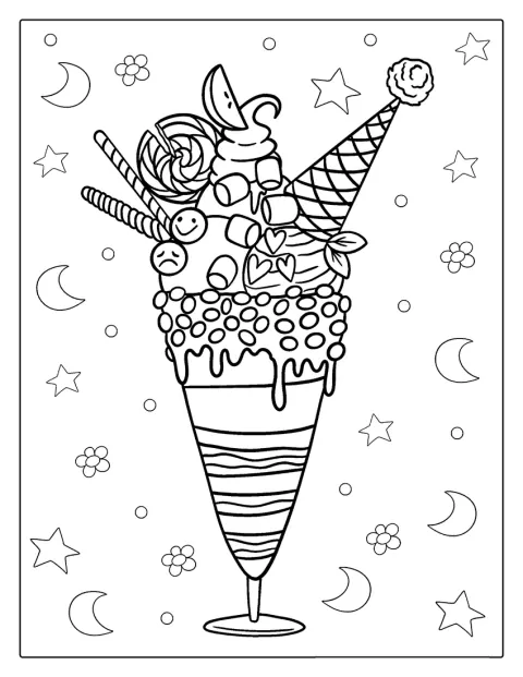 Zmrzlinový pohár zdobí bonbony a barevné posypky.