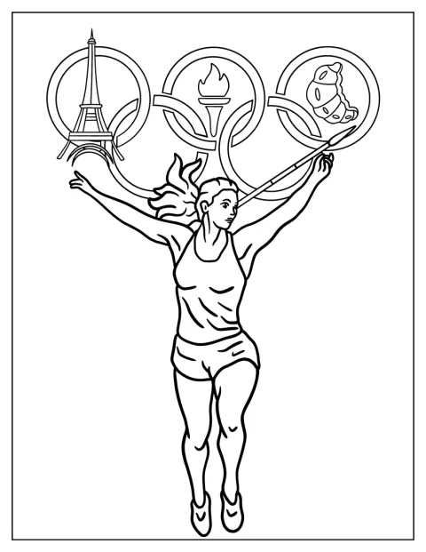 Athlete Running With Olympics Coloring Page Of Logo Above Her