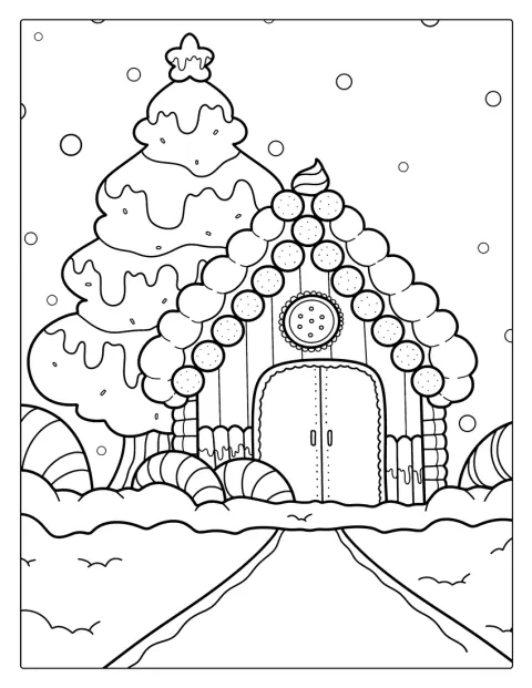 Een peperkoekhuisje staat naast een versierde kerstboom.