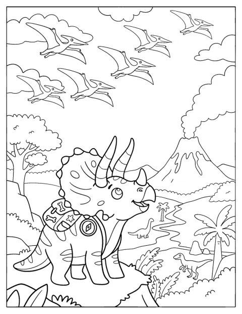 En Triceratops ser på Pteranodon-fugler nær en vulkan.