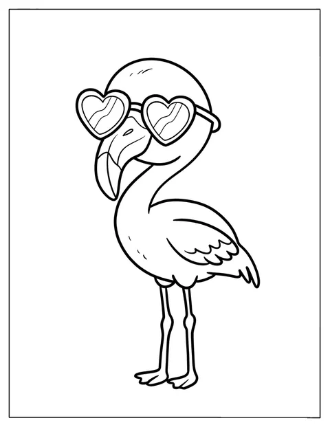 Um flamingo bebé usa óculos de sol em forma de coração.
