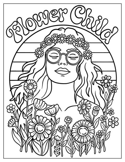 El texto «Flower Child» aparece sobre una chica hippie con una corona de margaritas.