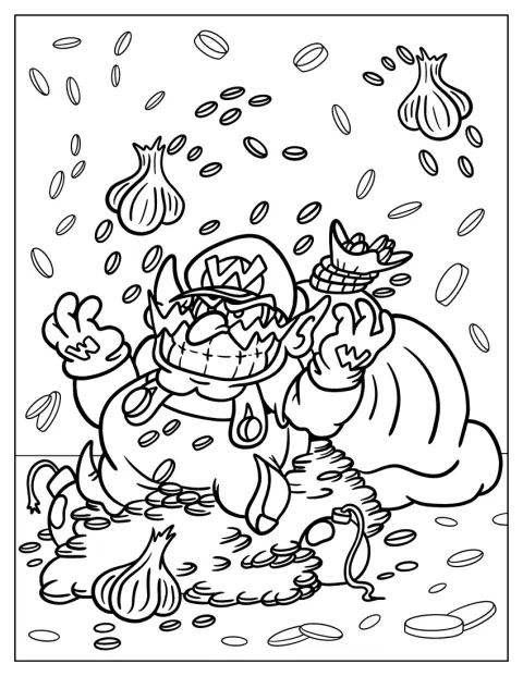 Wario står mens gullmynter faller ned rundt ham.