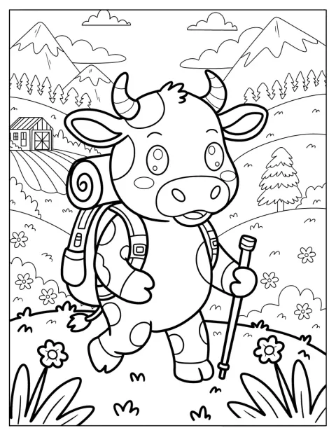 Een koe met een rugzak wandelt door een bergdal met uitzicht op de bergen.