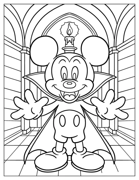 Mickey Mouse sonríe vestido de vampiro dentro de un castillo.