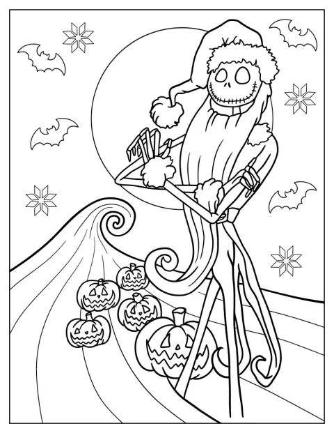 Jack Skellington aparece vestido de Pai Natal, com o seu fato festivo.