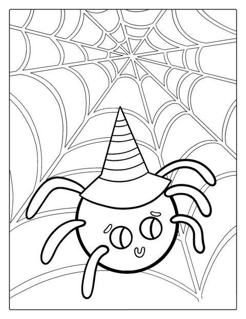 Uma aranha desenhada em contorno usa um chapéu de bruxa na teia.