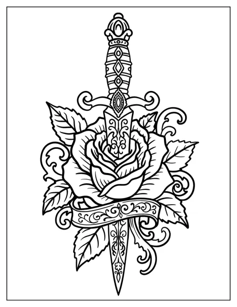 Een sierlijke dolk steekt door een roos in dit opvallende tattoo-ontwerp.