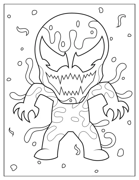 Carnage surge numa versão chibi simples, com proporções pequenas e cabeça grande.