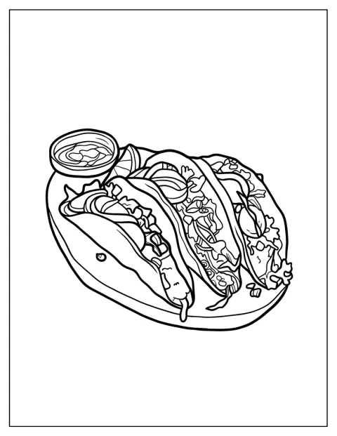 Mehrere Tacos liegen auf einem Teller neben einer Schale Salsa.