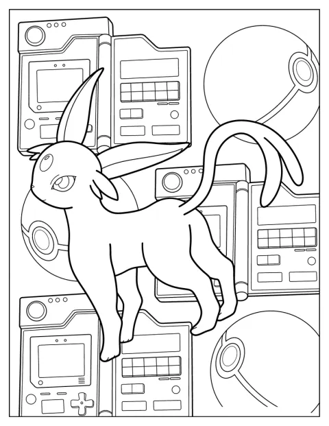 Espeon on etualalla, ja taustalla näkyvät Poké-pallo sekä Game Boy.