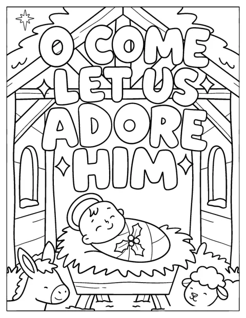 Ordene “Kom, lad os tilbede ham” står over Jesusbarnet i krybben.