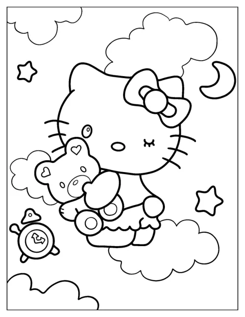 Hello Kitty serre tendrement un ours en peluche dans ses bras.