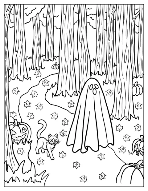 Un fantasma y un gato caminan juntos entre los árboles del bosque.