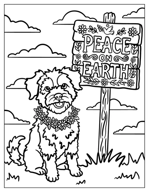 Un perro con una guirnalda de flores está junto a un cartel por la paz.