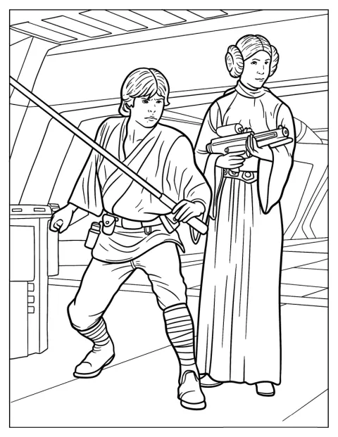 Luke Skywalker staat naast prinses Leia.