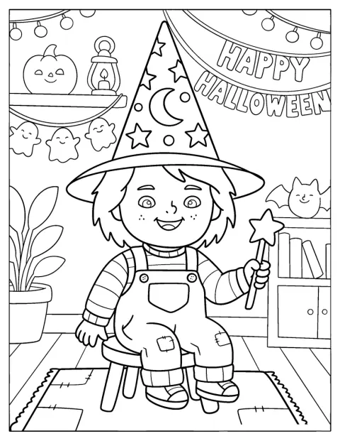 Varázslóként Chucky egy pálcát tart a kezében.