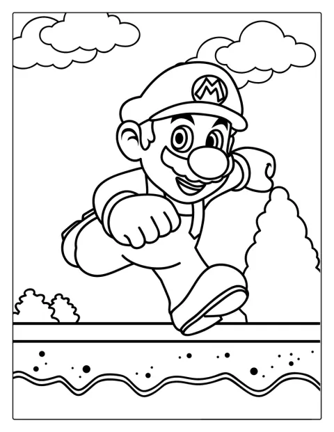 Mario springer snabbt framåt med ett glatt uttryck.