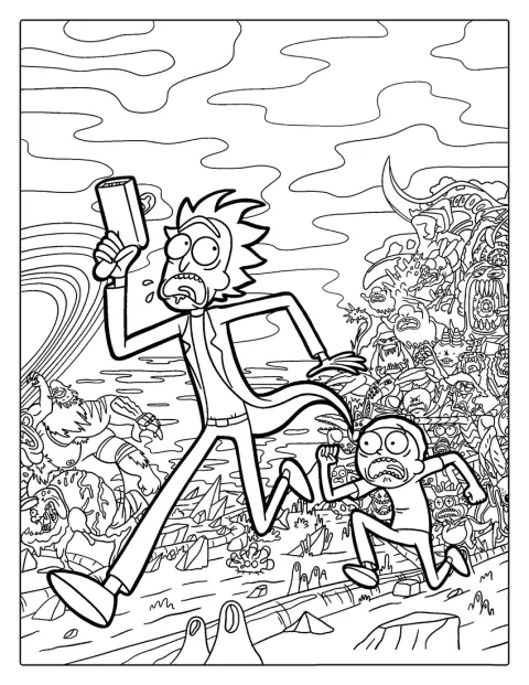 Rick y Morty corren para escapar de unos alienígenas.