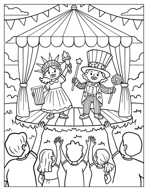 Unos niños disfrazados del Tío Sam y Lady Liberty actúan en un espectáculo.