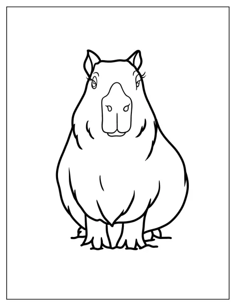 Uma capivara aparece de frente, com formas simples e poucos detalhes.